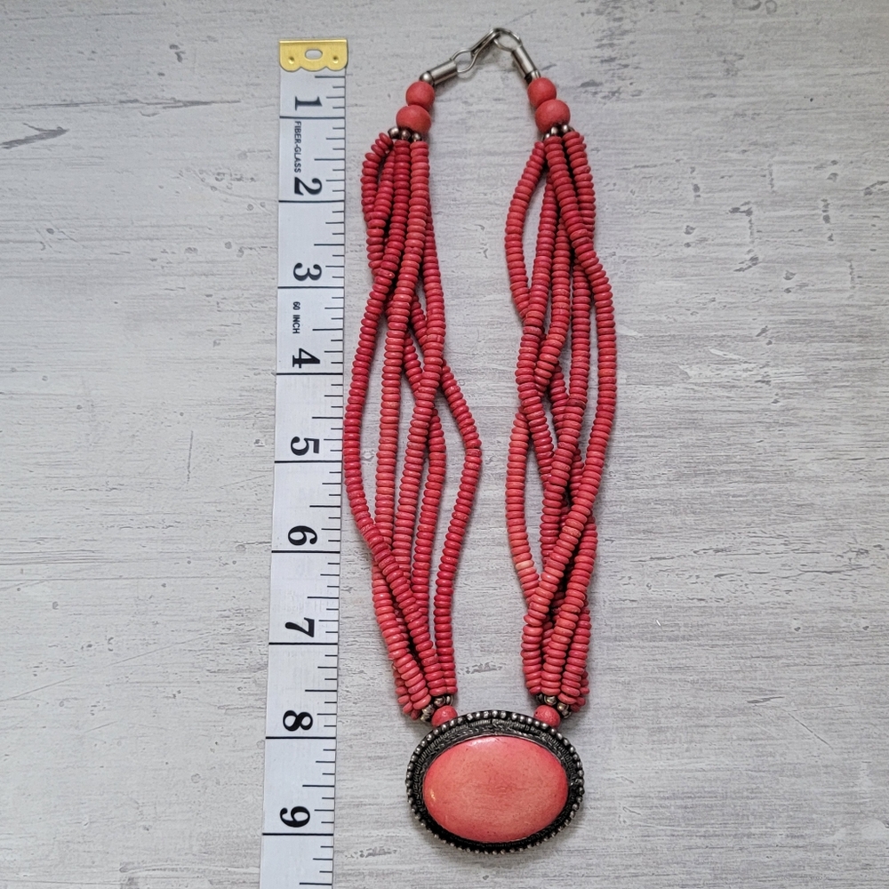 Vintage Boho Coral Multi Strand Beaded Torsade Necklace Tropical Earthy - Picture 12 of 17